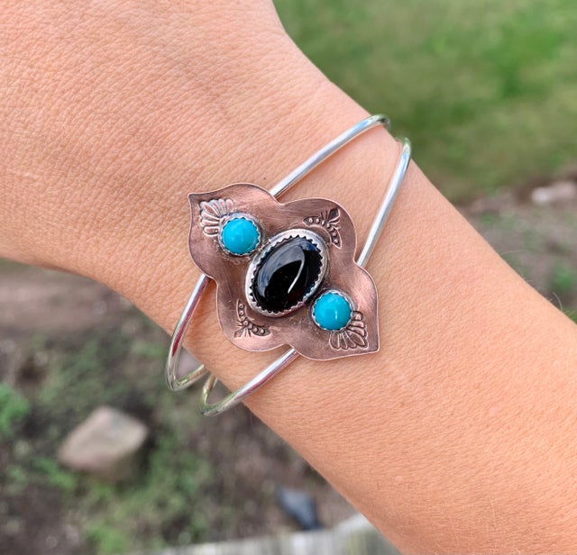 Mixed Metals Onyx and Turquoise Moroccan Cuff- Casablanca Collection